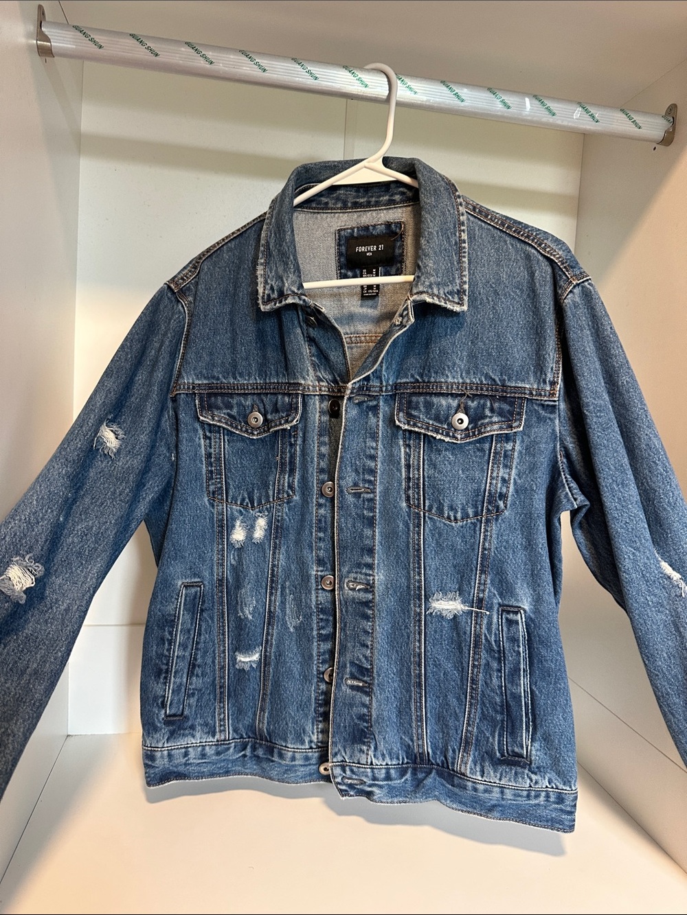 Forever 21 Men's Distressed Blue Denim Jacket